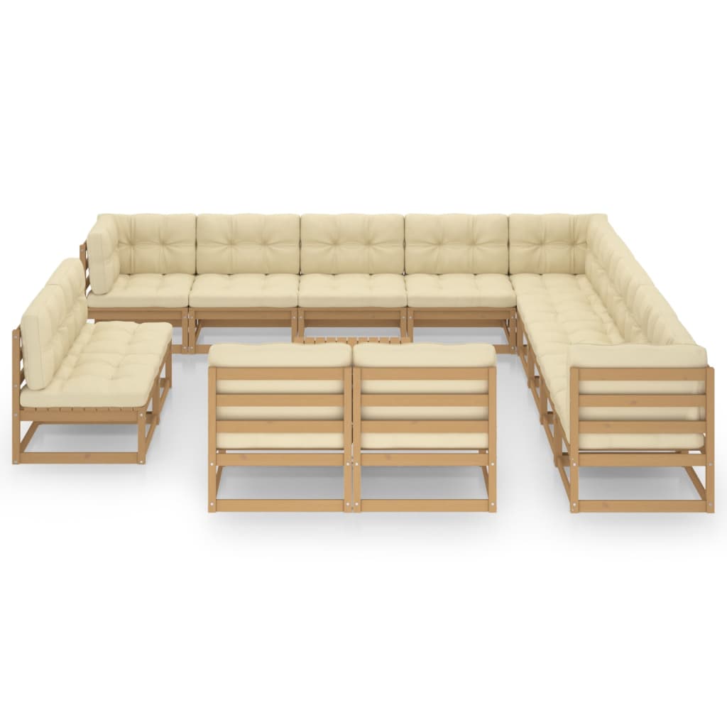 14-tlg. Garten-Lounge-Set Kissen Honigbraun Kiefer Massivholz